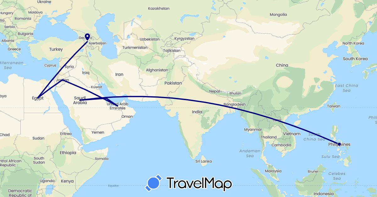 TravelMap itinerary: driving in United Arab Emirates, Armenia, Bahrain, Egypt, Jordan, Philippines, Qatar, Saudi Arabia (Africa, Asia)